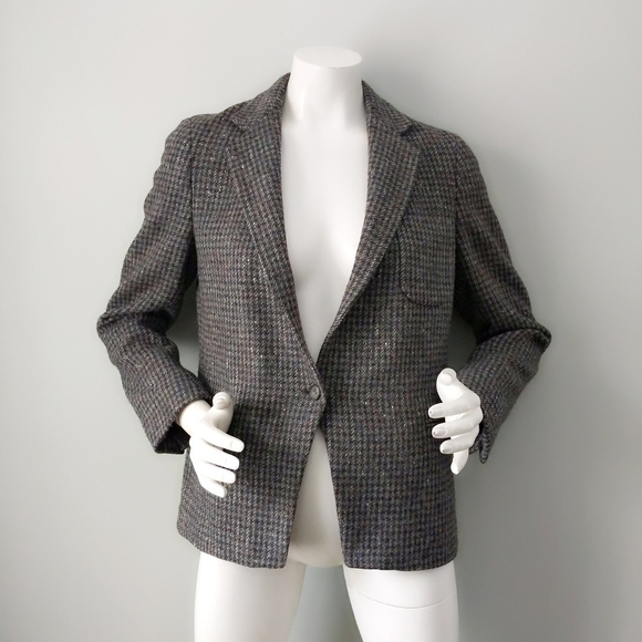 Vtg Houndstooth Tweed Wool Boyfriend Blazer S - Picture 2 of 6